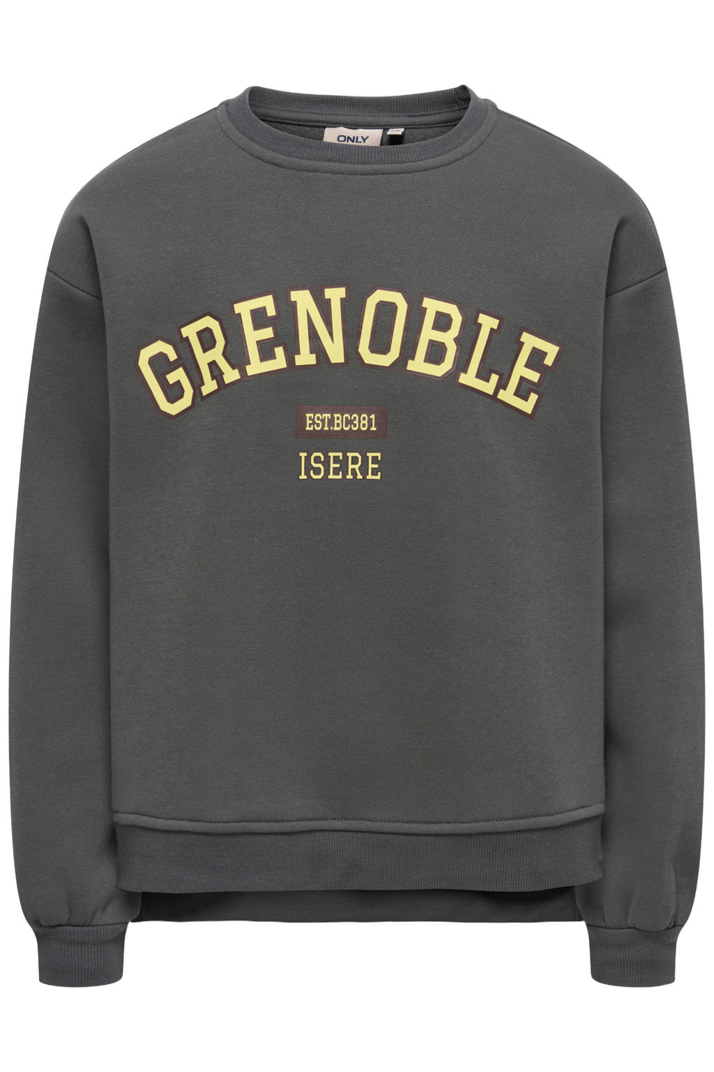 Grijze meisjes KIDS ONLY GIRL rechtvallende sweater met tekst print, lange mouwen, ronde hals en geribde boorden