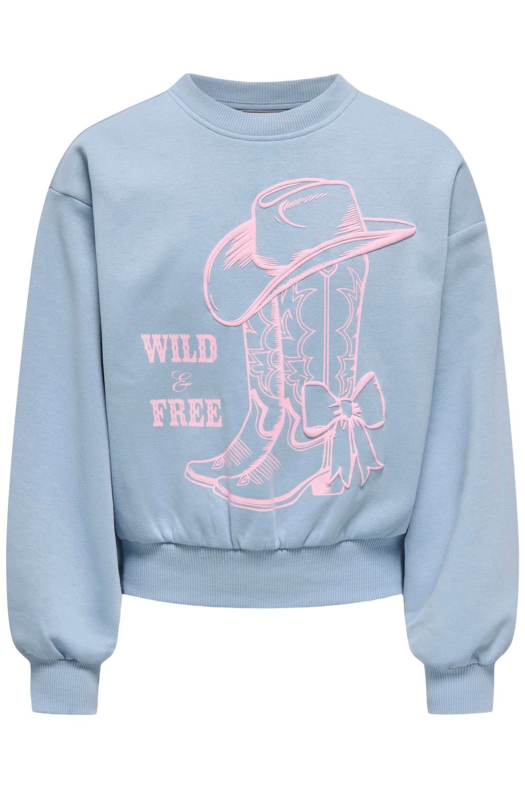 Lichtblauwe meisjes KIDS ONLY GIRL sweater met printopdruk, lange mouwen, ronde hals en geribde boorden