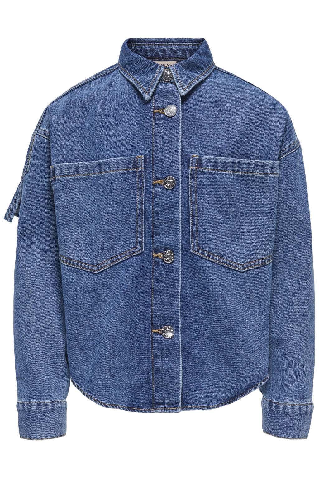 Medium blue denim meisjes KIDS ONLY GIRL blouse mediumblauw van denim met effen, lange mouwen, button down sluiting, knoopsluiting en franjes