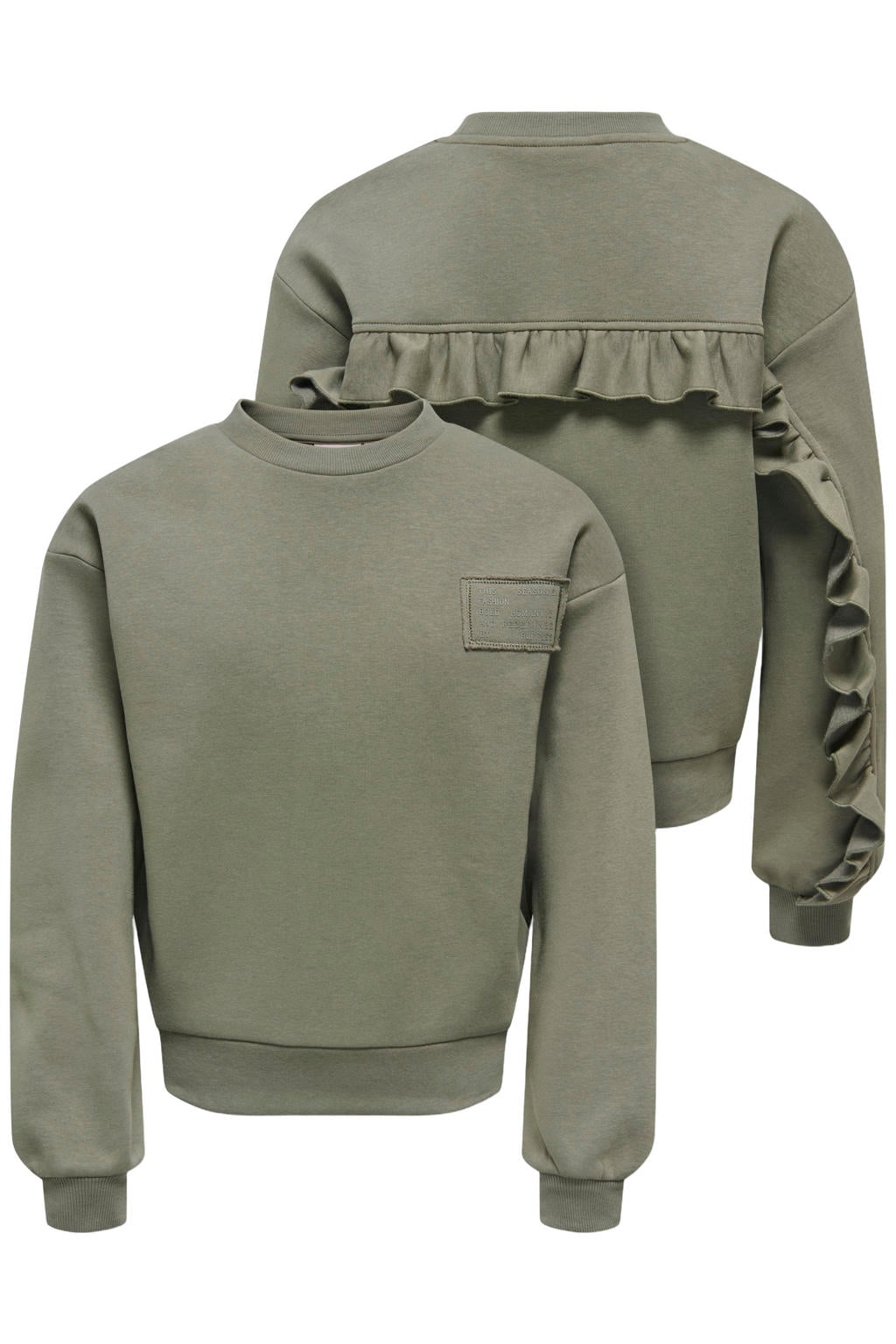 Olijfgroene meisjes KIDS ONLY GIRL sweater met effen, lange mouwen, ronde hals en geribde boorden