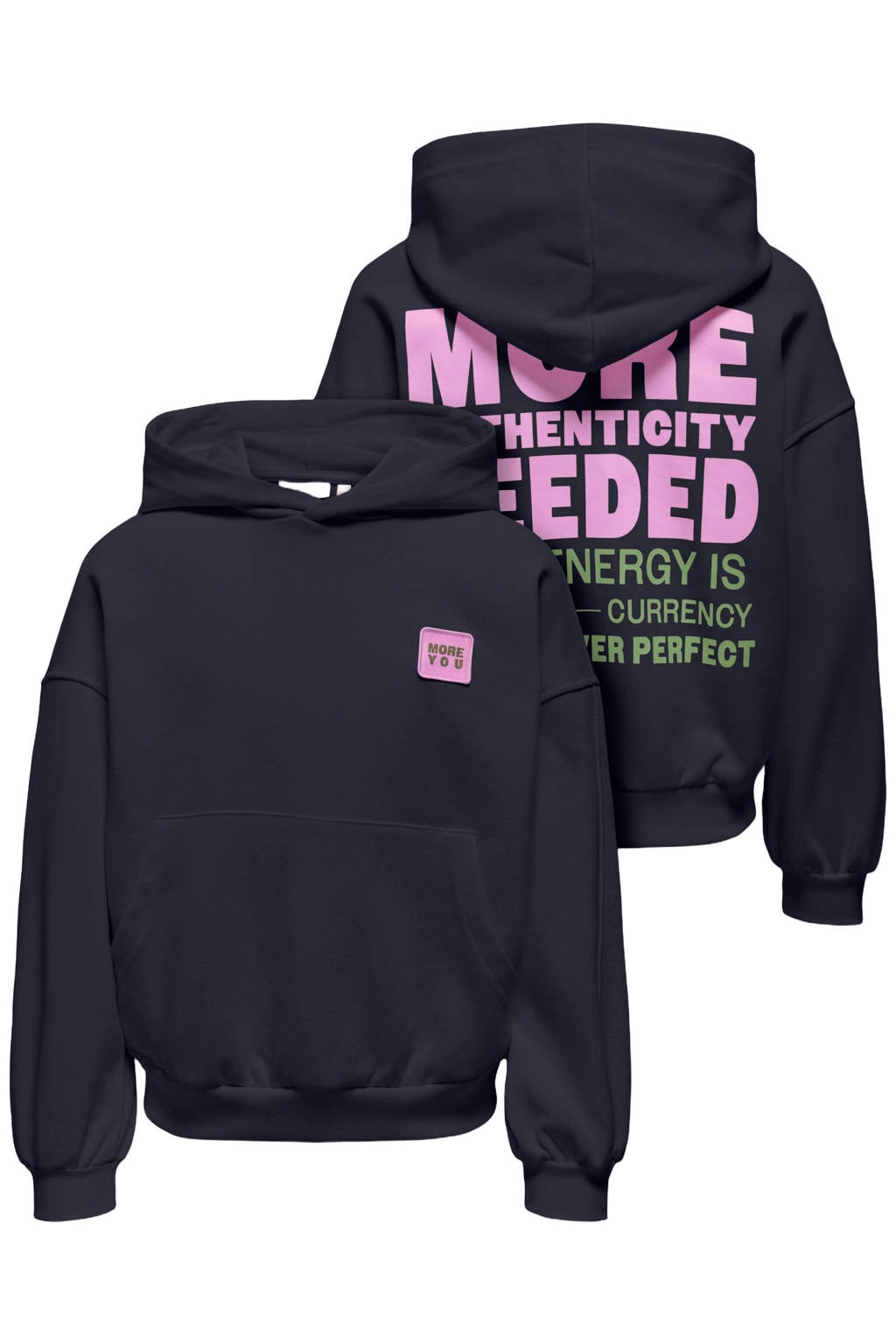 Donkerblauwe meisjes KIDS ONLY GIRL sweater met backprint, lange mouwen, capuchon en geribde boorden