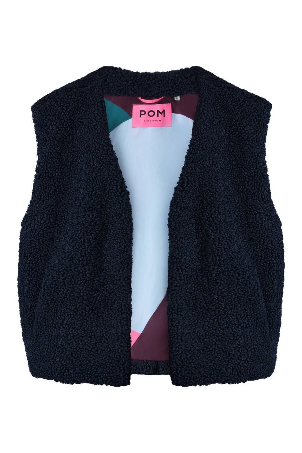 Donkerblauwe dames POM Amsterdam teddy gilet van polyester met effen en opstaande kraag