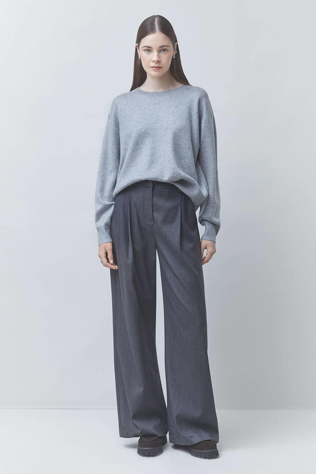 Grijze dames Suncoo sweater en wol met lange mouwen, ronde hals en studs