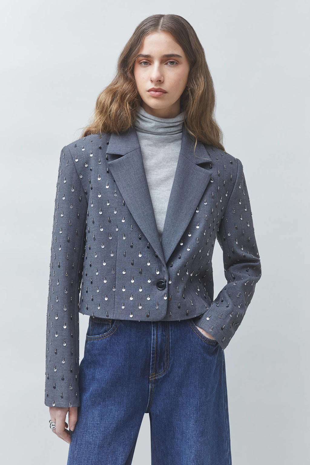 Grijze dames Suncoo cropped blazer van viscose met effen, lange mouwen, reverskraag, knoopsluiting en pailletten