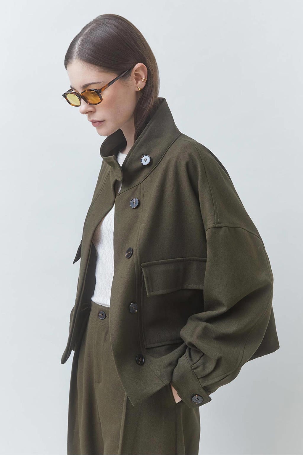 Donkergroene dames Suncoo trenchcoat van lyocell met effen, lange mouwen en opstaande kraag
