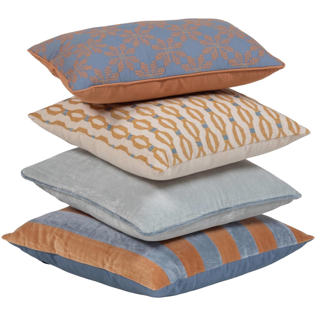 WOOOD Lira Kussens - Blauw/Oranje - Set van 4