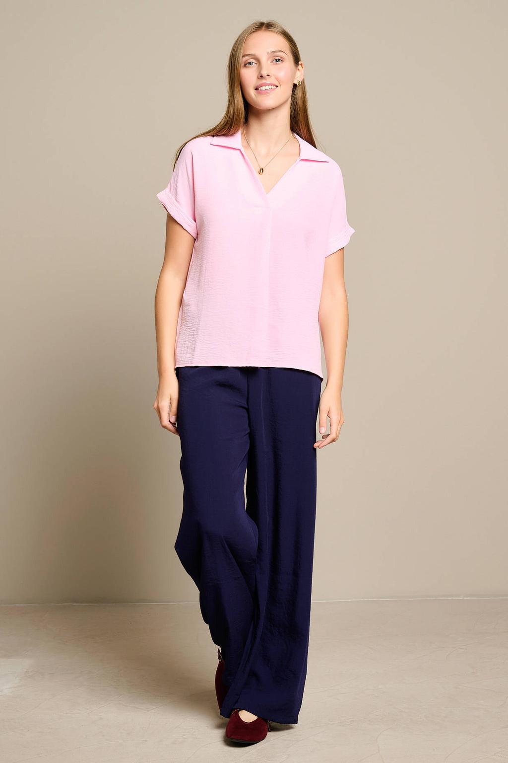 Lichtroze dames LOLALIZA top van polyester met effen, korte mouwen en polo kraag
