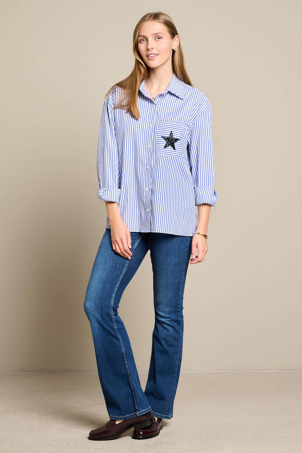 Blauw en ecru dames LOLALIZA gestreepte blouse van katoen met lange mouwen, klassieke kraag, knoopsluiting en glitters