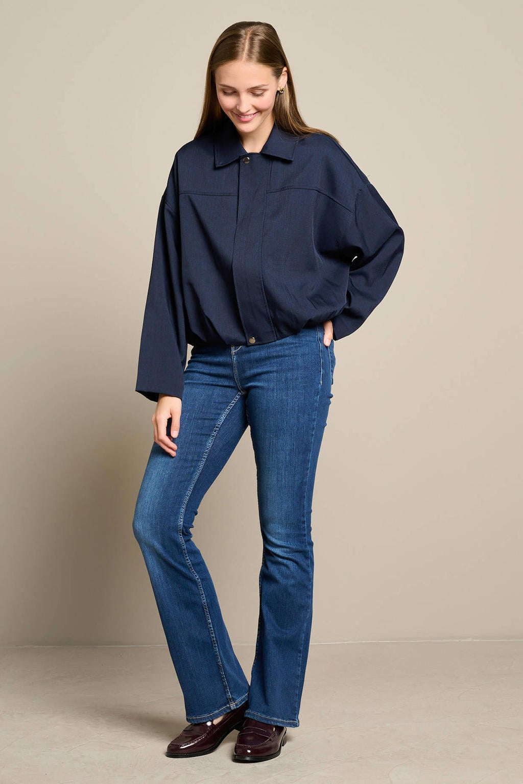 Blauwe dames LOLALIZA bomberjack van polyester met effen, lange mouwen en klassieke kraag