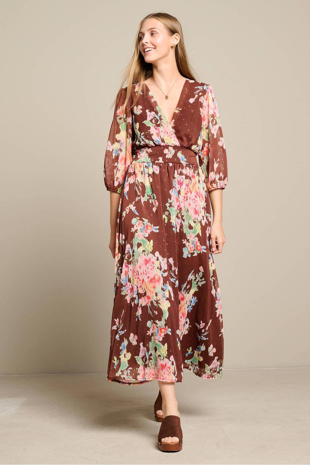Bruine dames LOLALIZA gebloemde midi zomerjurk van polyester met driekwart mouwen en overslagkraag