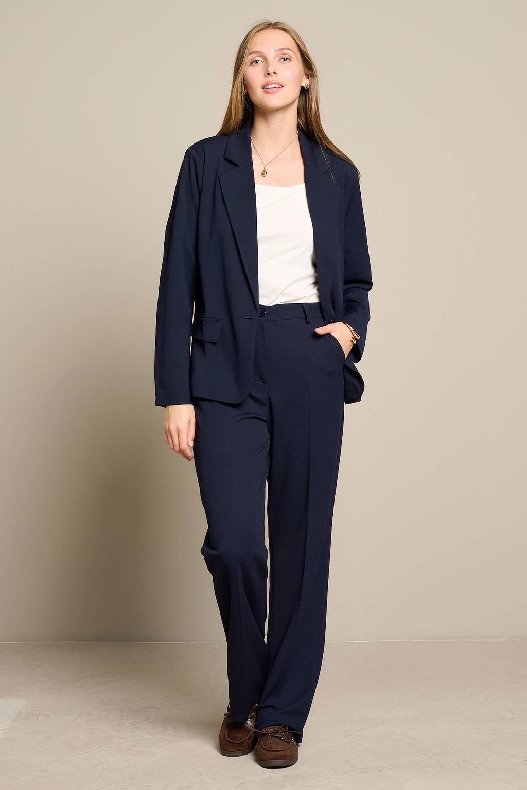 Blauwe dames LOLALIZA straight leg broek met rits- en knoopsluiting en effen
