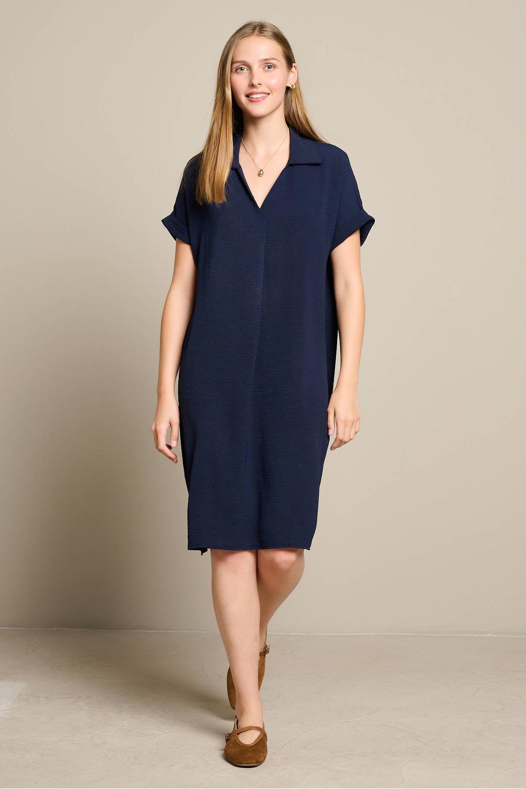 Blauwe dames LOLALIZA zomerjurk van polyester met effen, korte mouwen en polo kraag