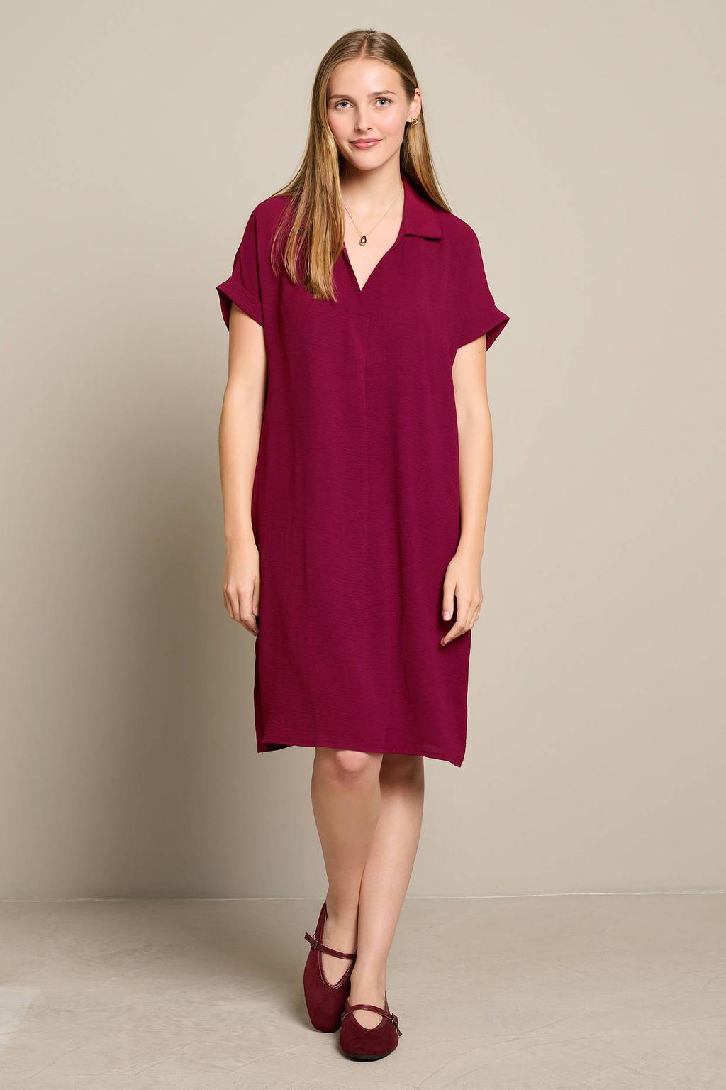 Donkerrode dames LOLALIZA zomerjurk van polyester met effen, korte mouwen en polo kraag