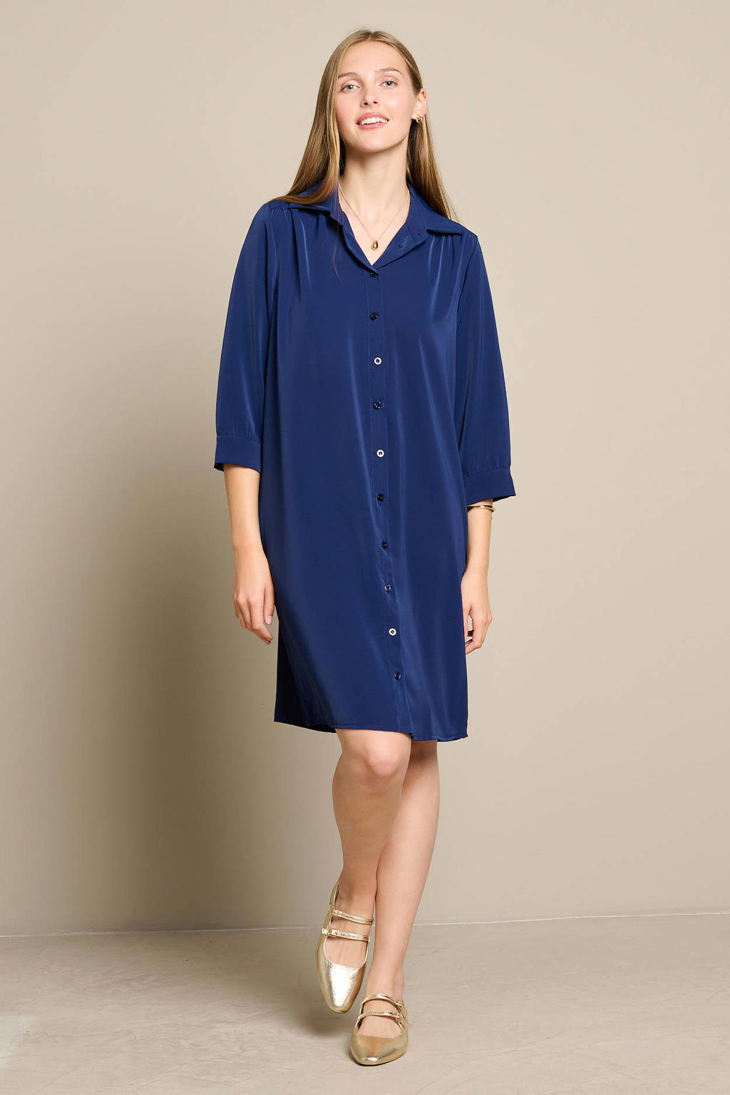 Blauwe dames LOLALIZA blousejurk van polyester met effen, driekwart mouwen, klassieke kraag en knoopsluiting