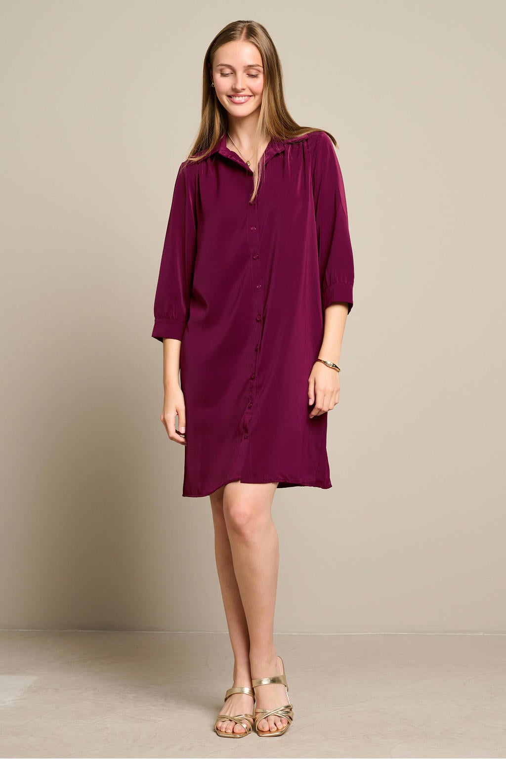 Donkerrode dames LOLALIZA blousejurk van polyester met effen, driekwart mouwen, klassieke kraag en knoopsluiting