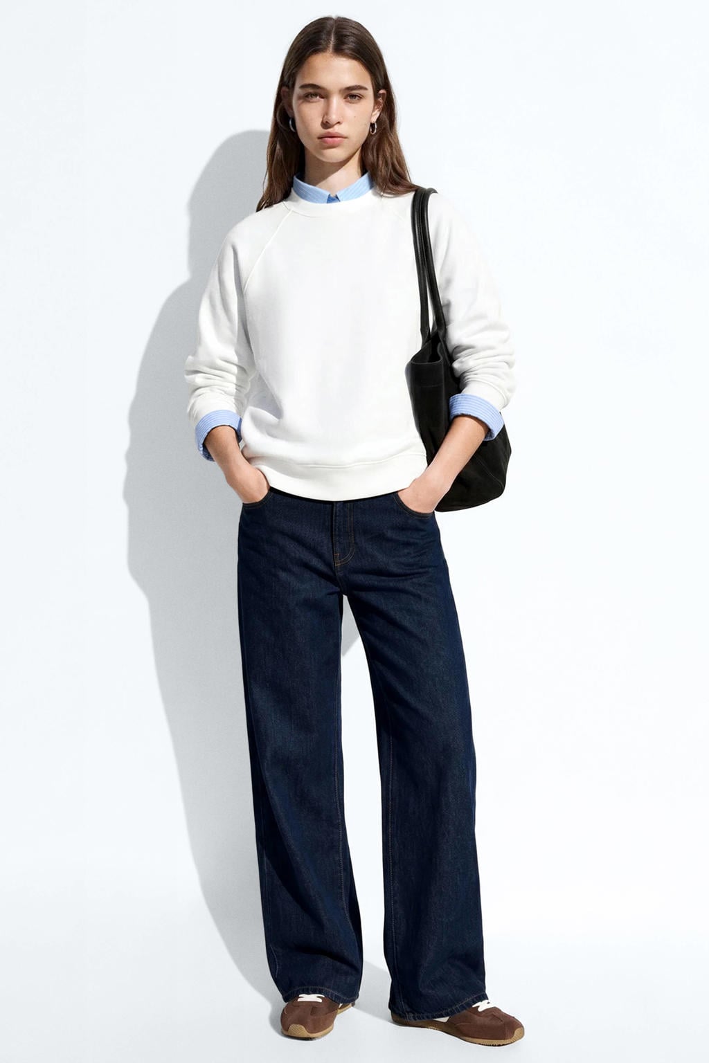 Witte meisjes MANGO TEEN sweater met effen, lange mouwen, ronde hals en geribde boorden