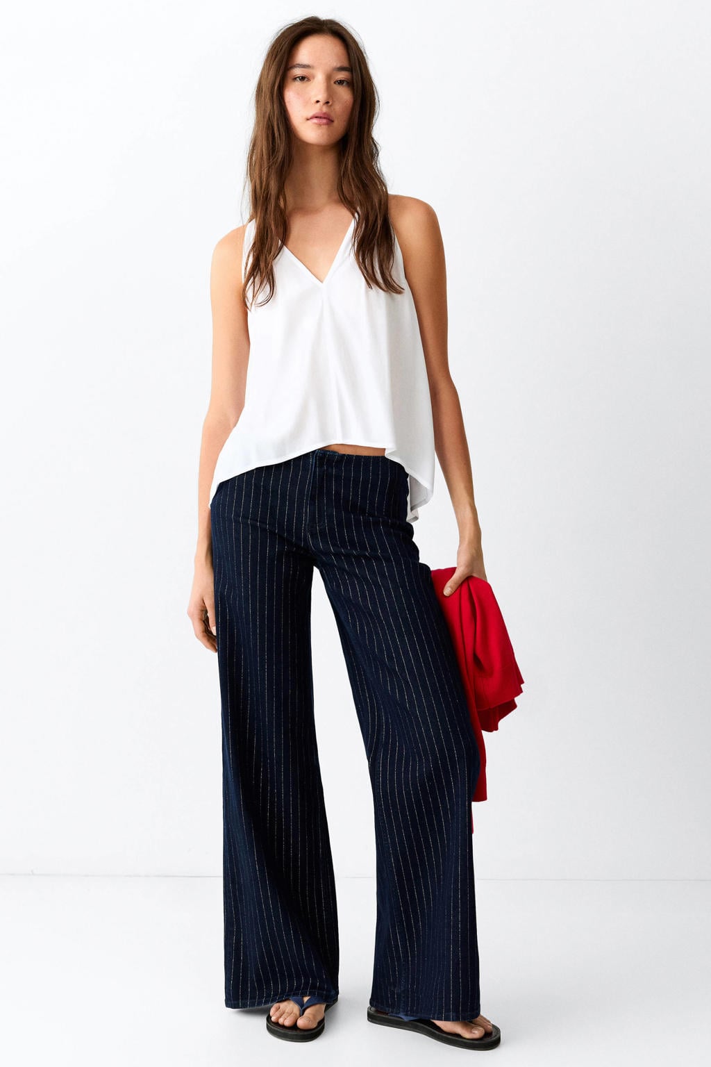 Dark blue denim meisjes MANGO TEEN wide leg jeans van denim met low waist, vetersluiting en krijtstreepprint