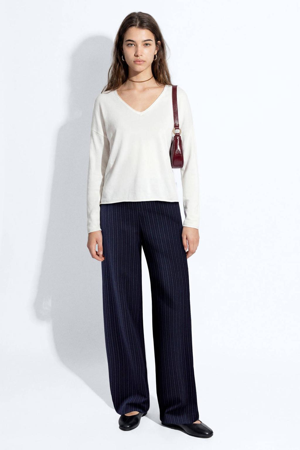 Witte meisjes MANGO TEEN pullover van polyester met effen, lange mouwen en V-hals
