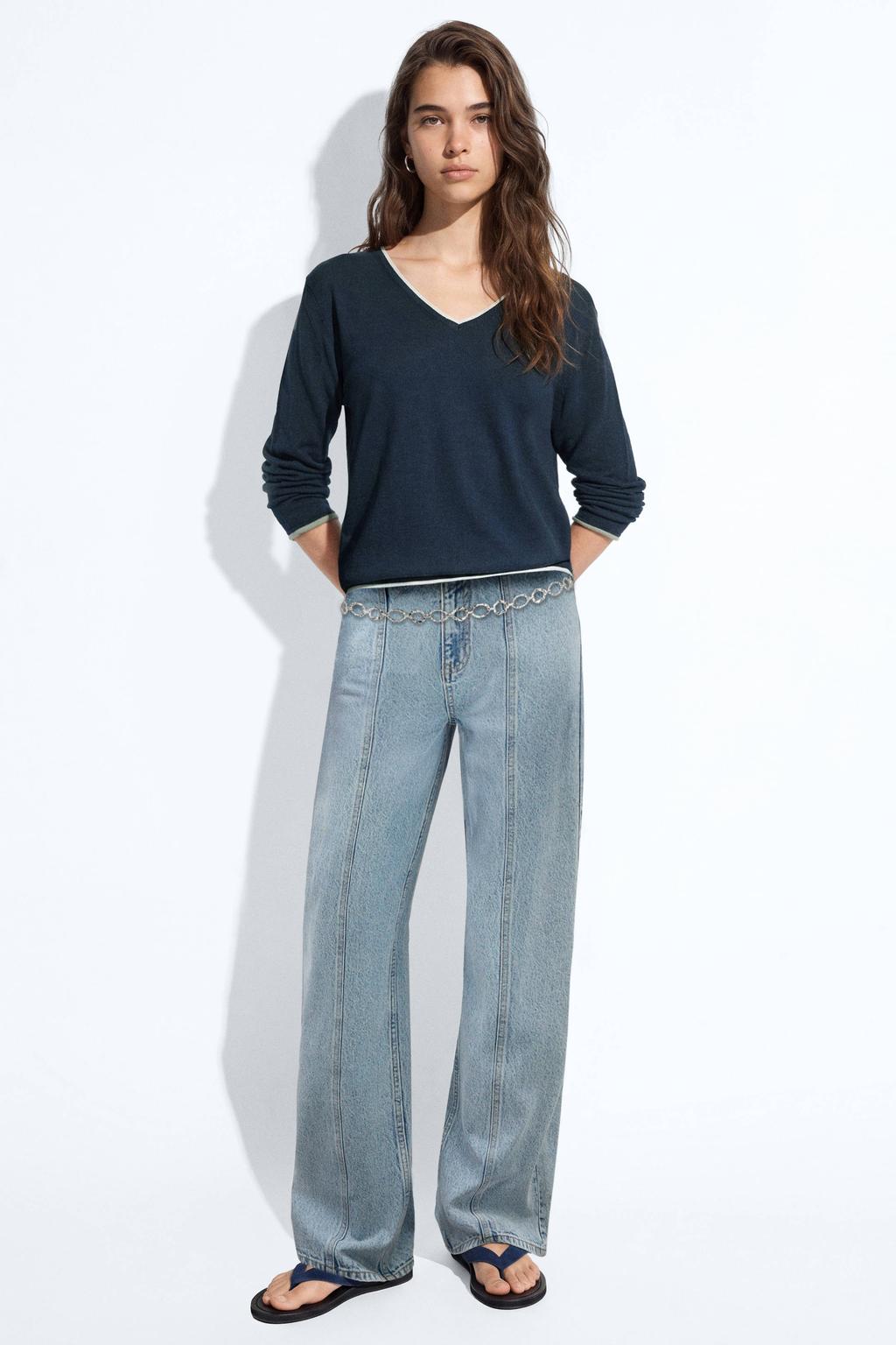 Marineblauw, marine en witte meisjes MANGO TEEN gebreide trui blauw van katoen met effen, lange mouwen, V-hals en contrast bies