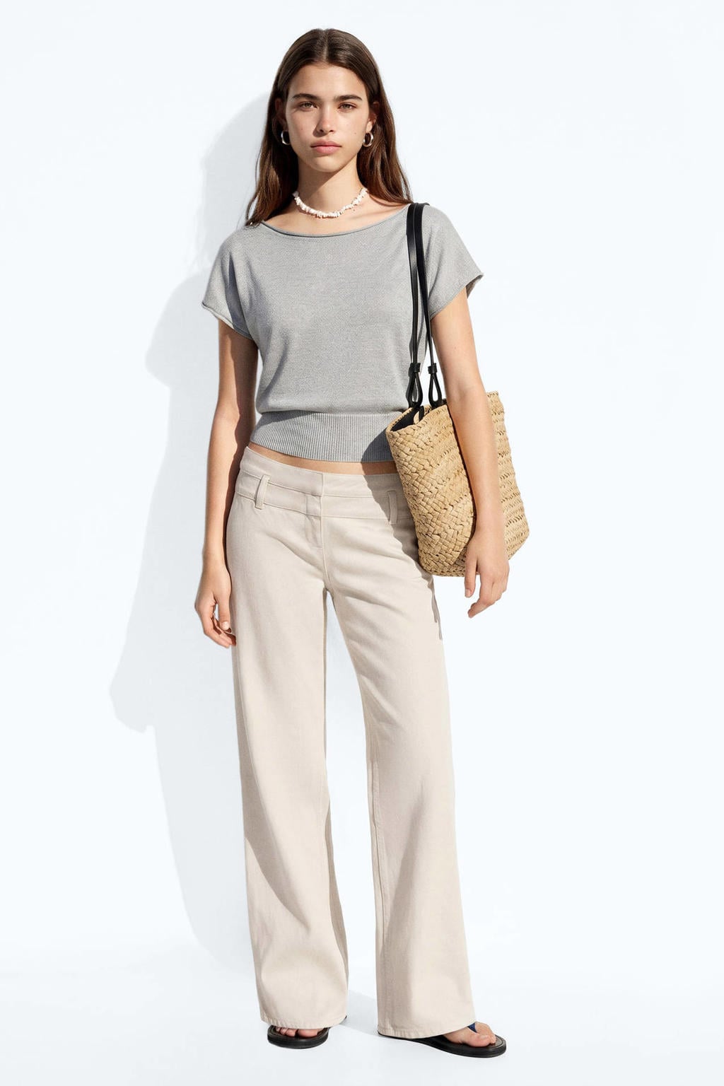Zandkleurige meisjes MANGO TEEN wide leg jeans van denim met rits- en drukknoopsluiting en effen
