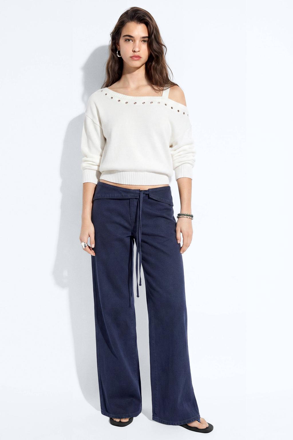 Witte meisjes MANGO TEEN katoenen gebreide trui met lange mouwen en one shoulder