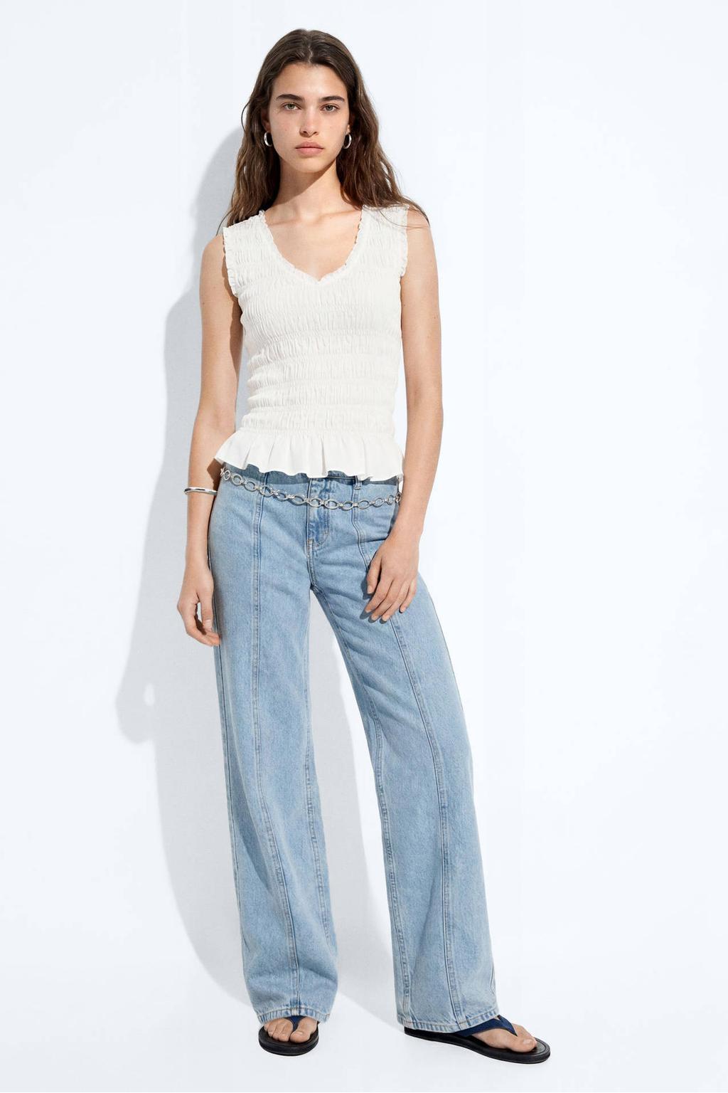 Witte meisjes MANGO TEEN top met effen, V-hals en elastische boord