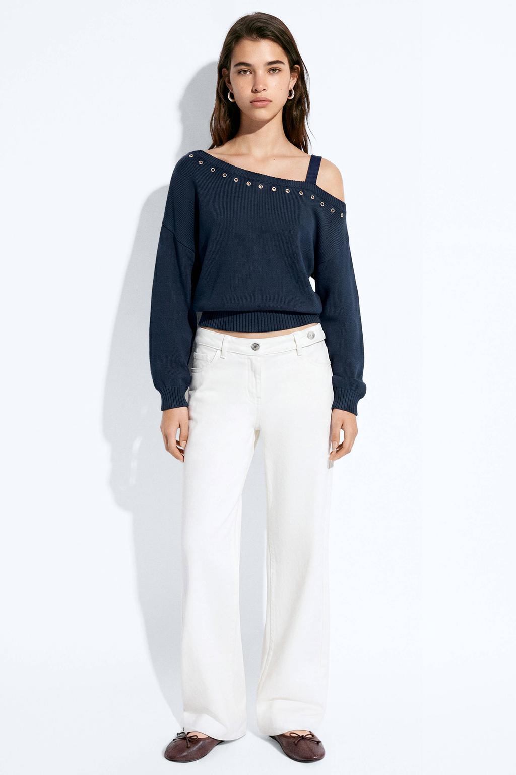 Marineblauw meisjes MANGO TEEN katoenen gebreide trui blauw met lange mouwen en one shoulder