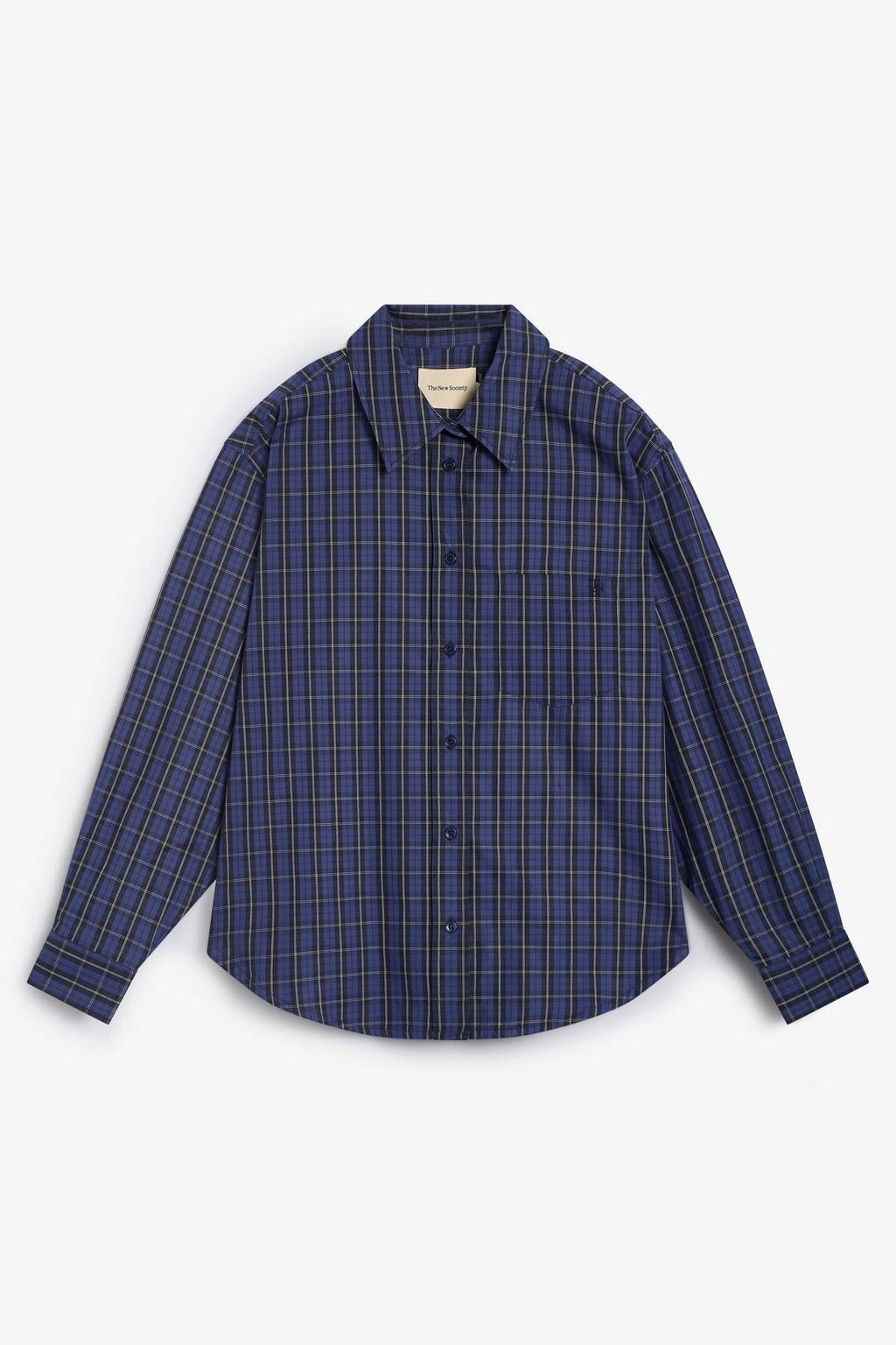Donkerblauwe dames The New Society geruite blouse van katoen met lange mouwen, klassieke kraag en knoopsluiting