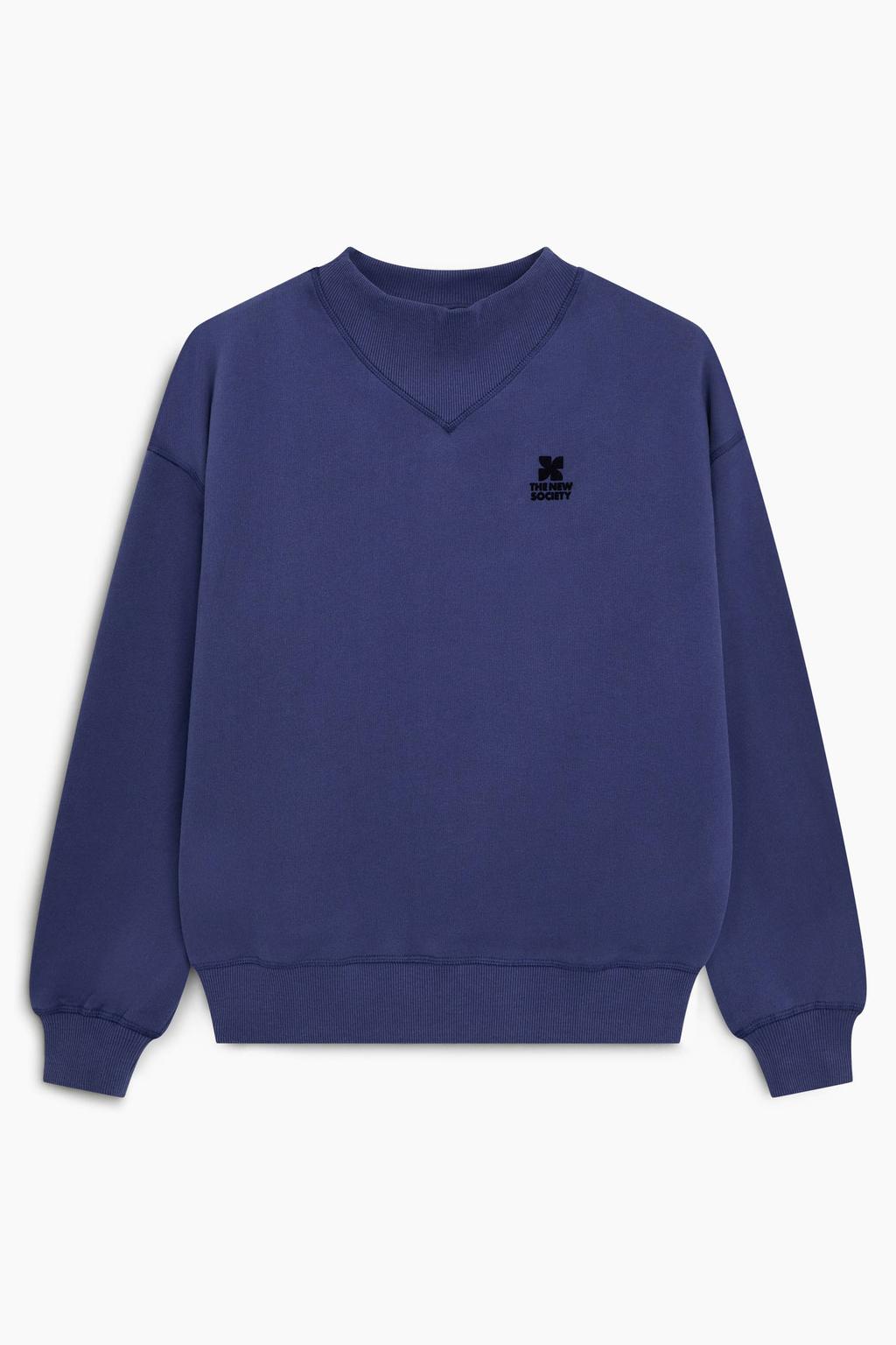 Donkerblauwe dames The New Society sweater met logo dessin, lange mouwen en ronde hals