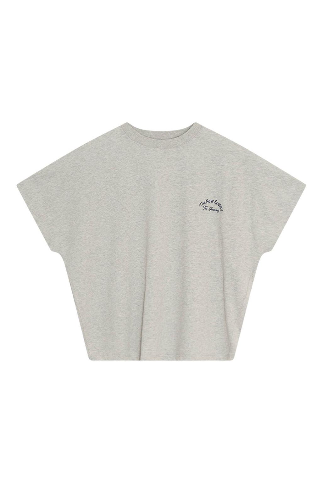 Grijs en donkerblauwe dames The New Society T-shirt van sweat materiaal met tekst print, korte mouwen en ronde hals