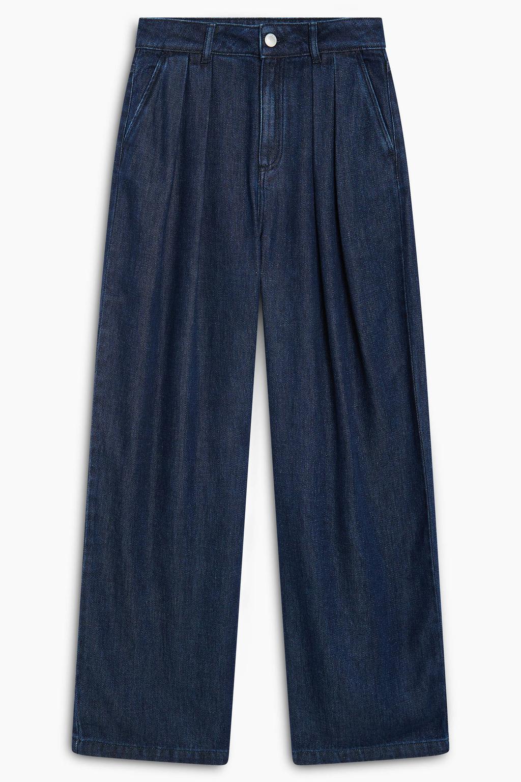 Dark blue denim dames The New Society high waist loose fit broek van katoen met effen