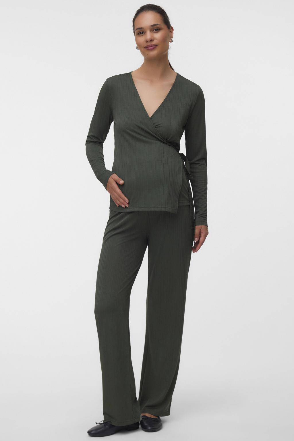 Groene dames MAMALICIOUS rechtvallende zwangerschaps- en voedingstop van polyester met lange mouwen, V-hals, striksluiting en overslag detail