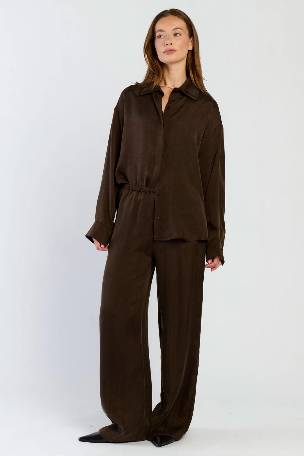 Donkerblauwe dames Spooq the label loose fit broek met high waist en effen