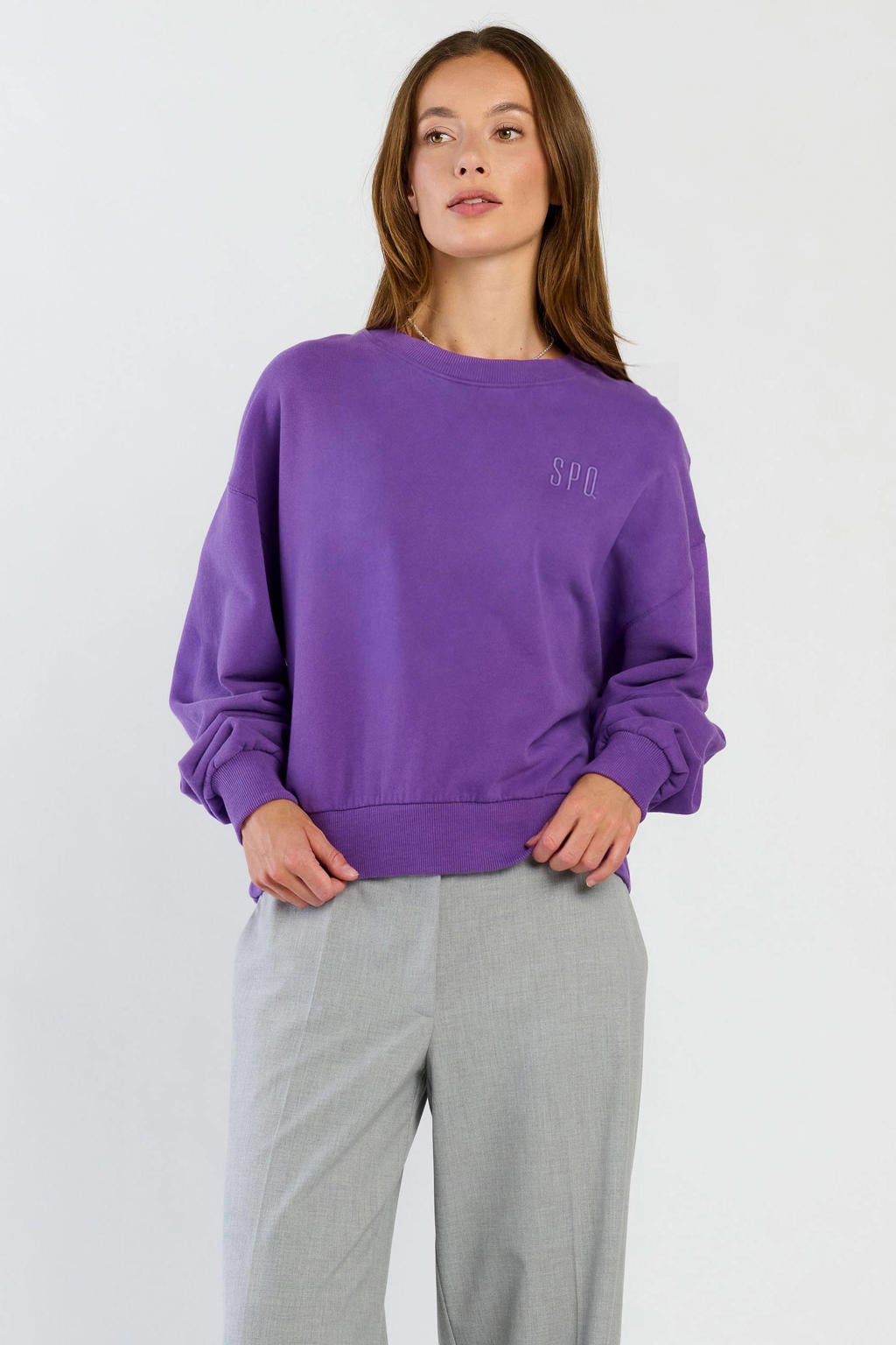 Paarse dames Spooq the label sweater met logo dessin, lange mouwen en ronde hals