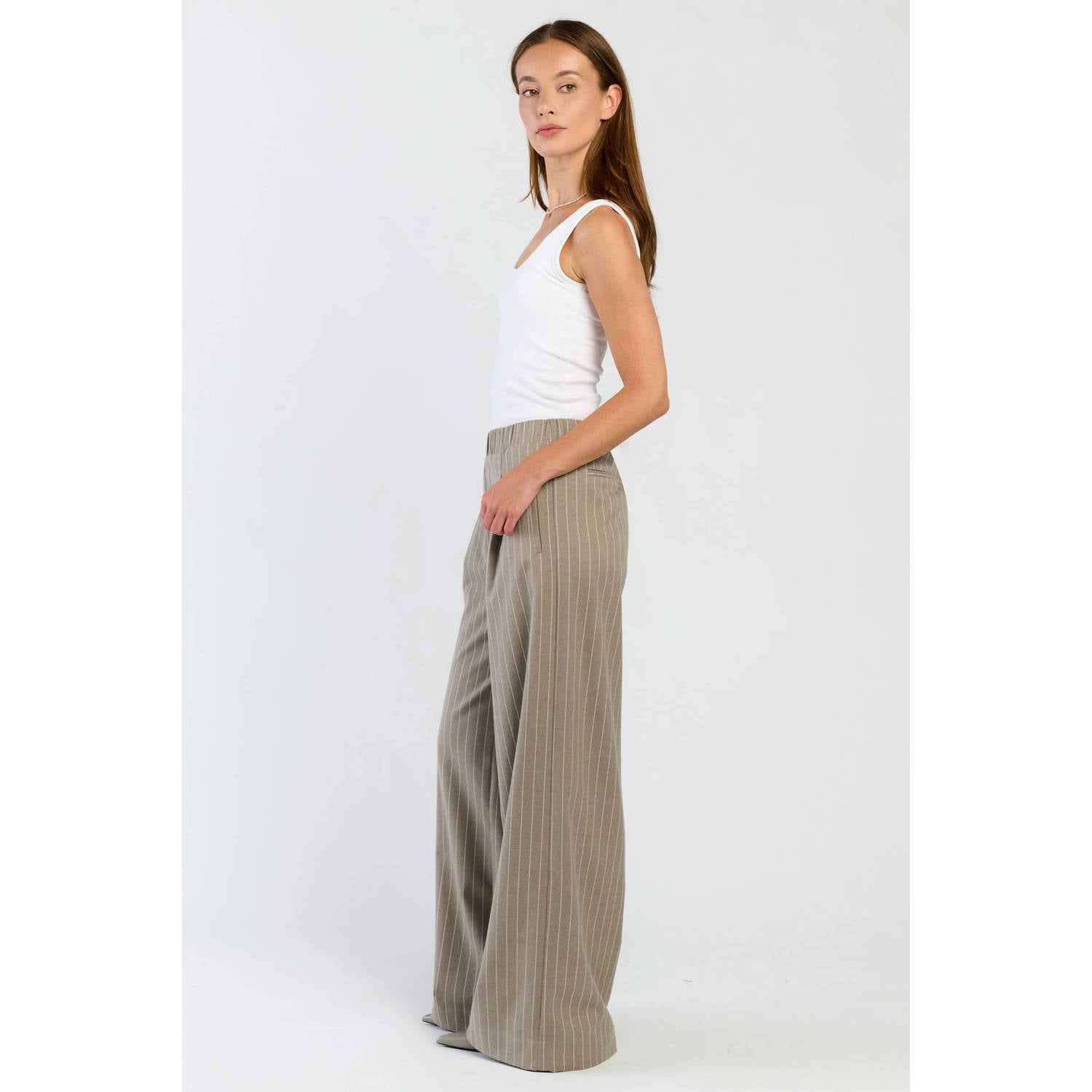 Spooq the label high waist wide leg broek met krijtstreep grijs ecru