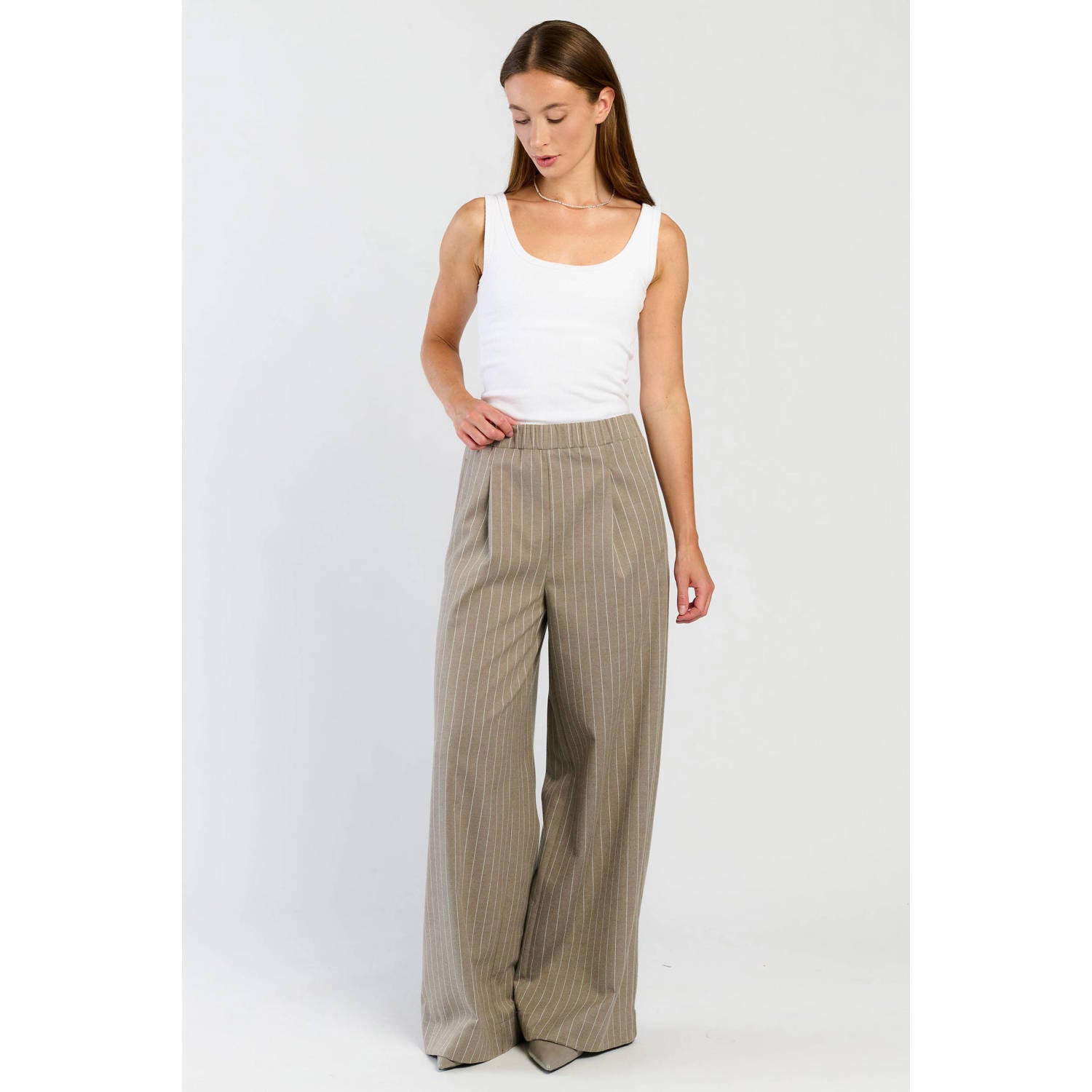 Spooq the label high waist wide leg broek met krijtstreep grijs ecru
