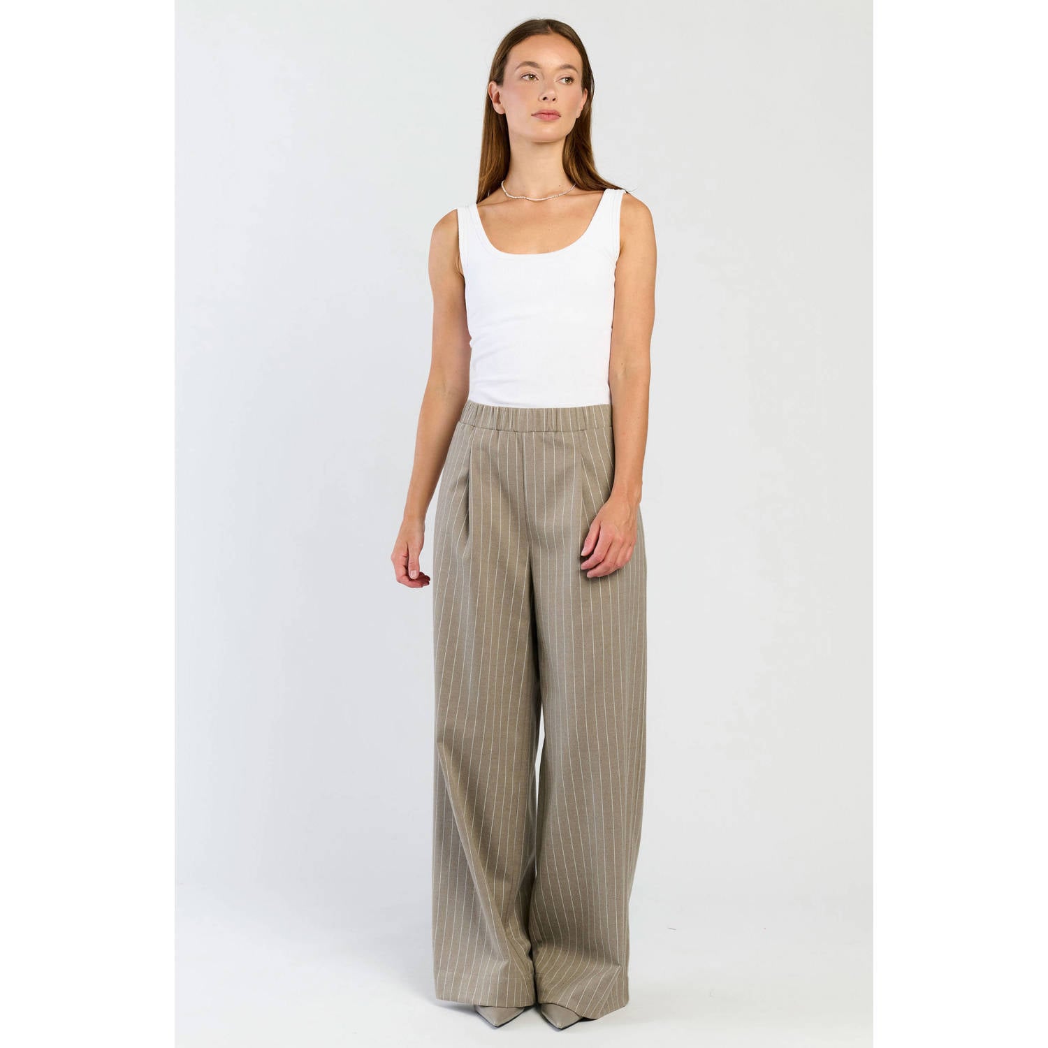 Spooq the label high waist wide leg broek met krijtstreep grijs ecru