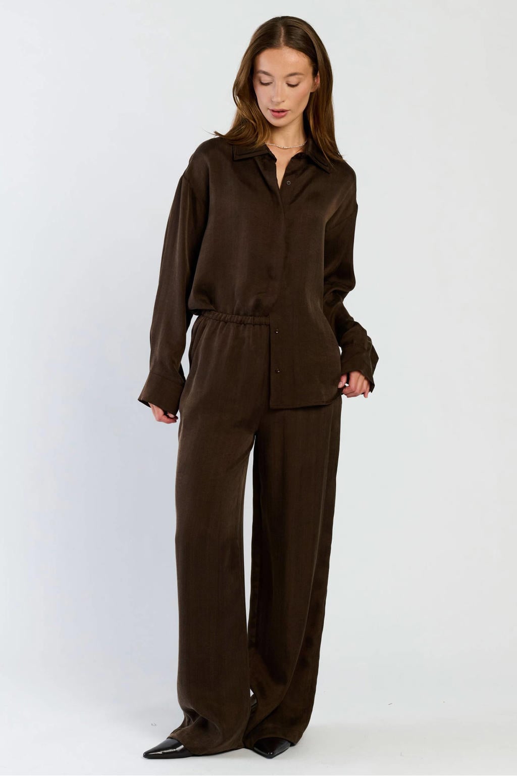 Donkerblauwe dames Spooq the label top met effen, lange mouwen en klassieke kraag
