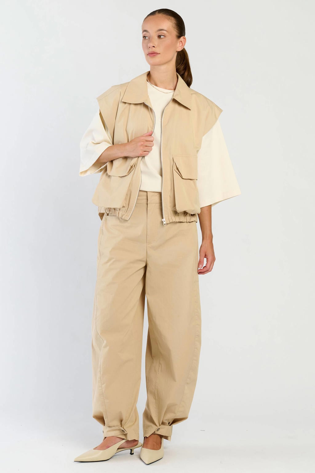 Beige dames Spooq the label gilet met effen, reverskraag en knoopsluiting