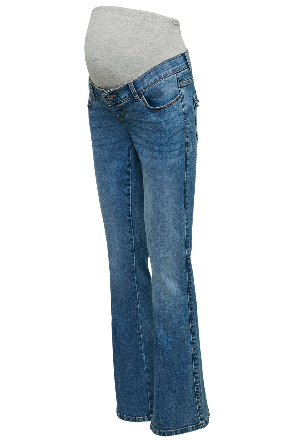 Medium blue denim dames MAMALICIOUS zwangerschaps flared jeans mediumblauw van denim met low waist, rits- en knoopsluiting en effen