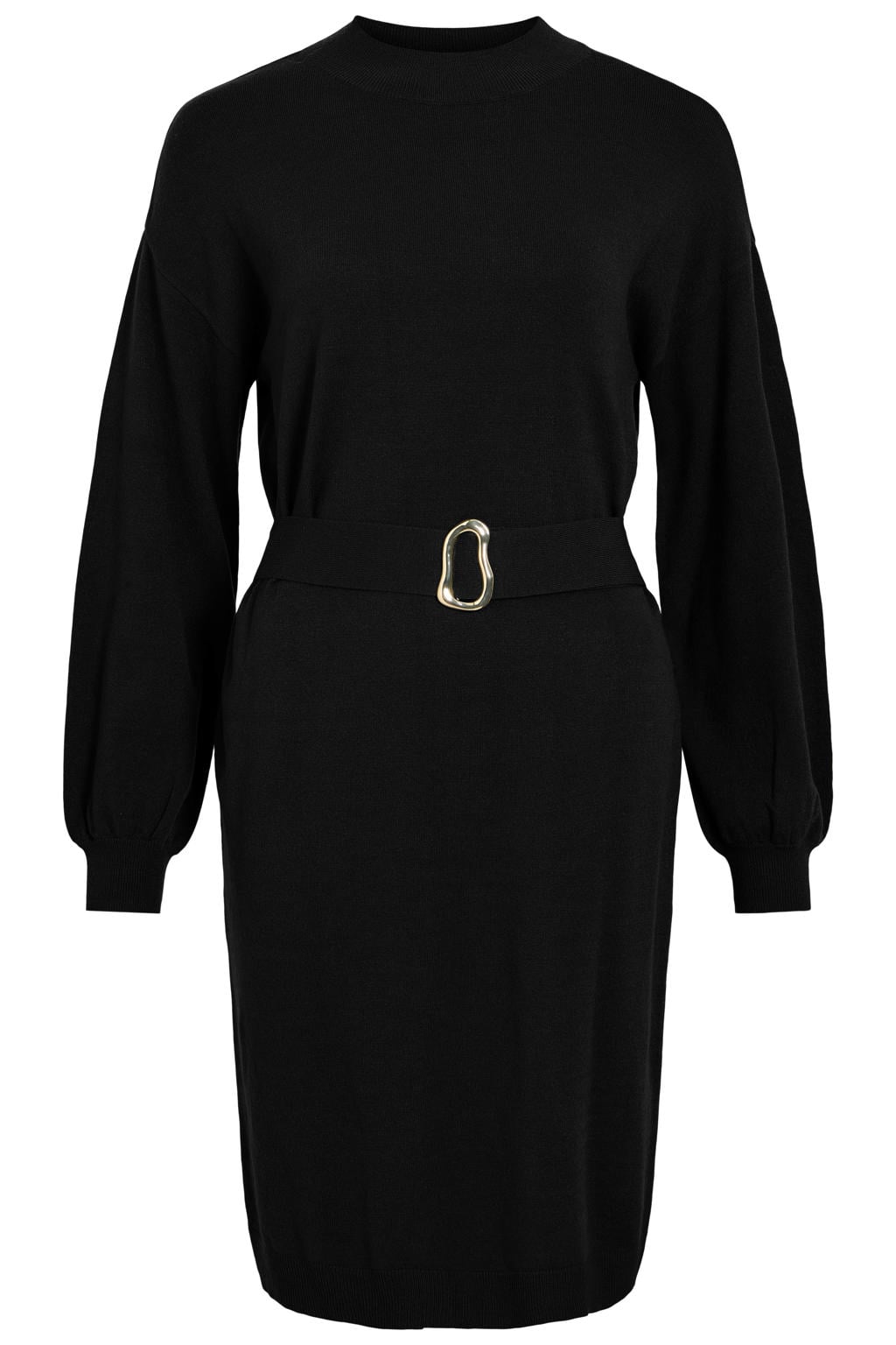 Zwarte dames VILA Viricky L S Short Belted Knit Dress Ka gebreide mini jurk van viscose met effen, lange mouwen en ronde hals
