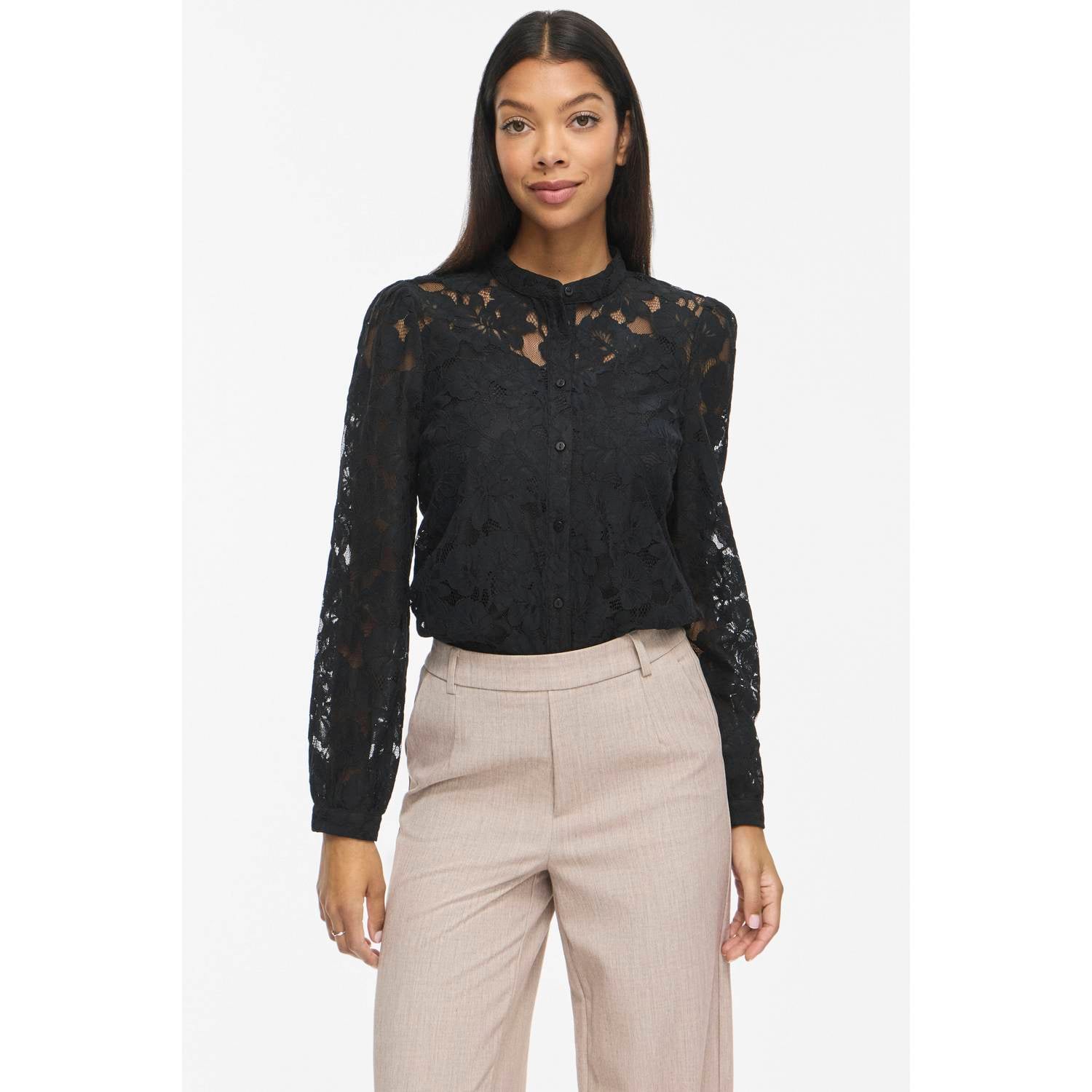 VILA kanten semi-transparante blouse zwart