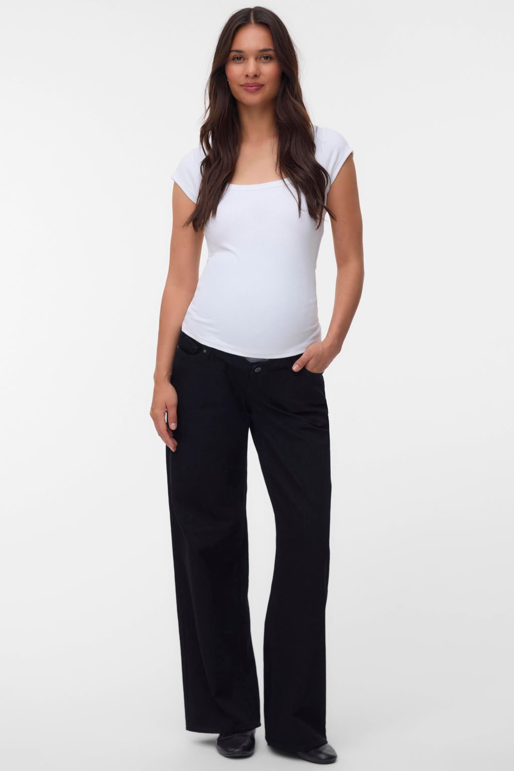 Black denim dames MAMALICIOUS zwangerschaps wide leg jeans van denim met rits- en knoopsluiting en effen