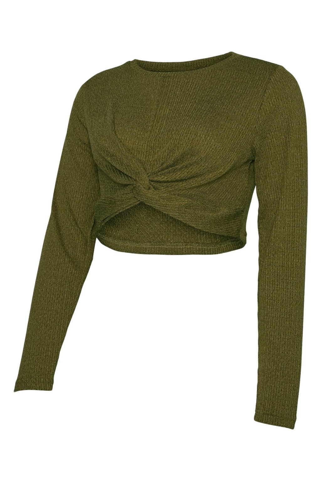 Groene dames MAMALICIOUS aansluitende cropped gebreide zwangerschapstop van polyester met effen, lange mouwen en ronde hals