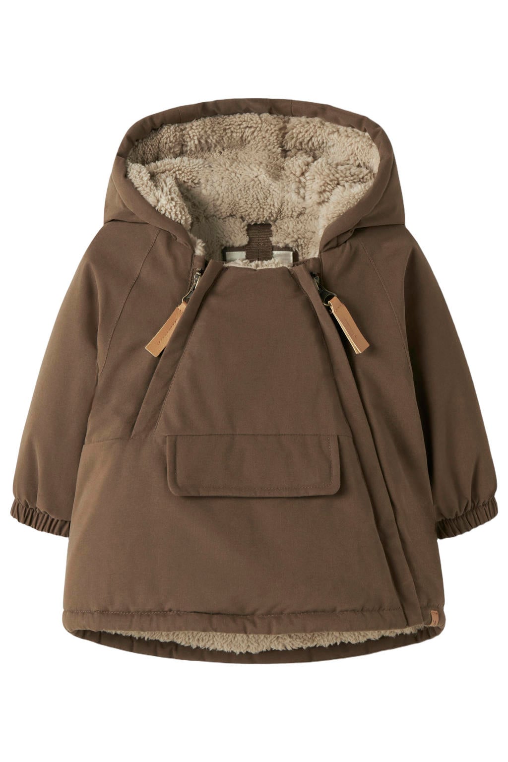 Bruine jongens LIL' ATELIER BABY winterjas van polyester met effen, lange mouwen, capuchon en ritssluiting