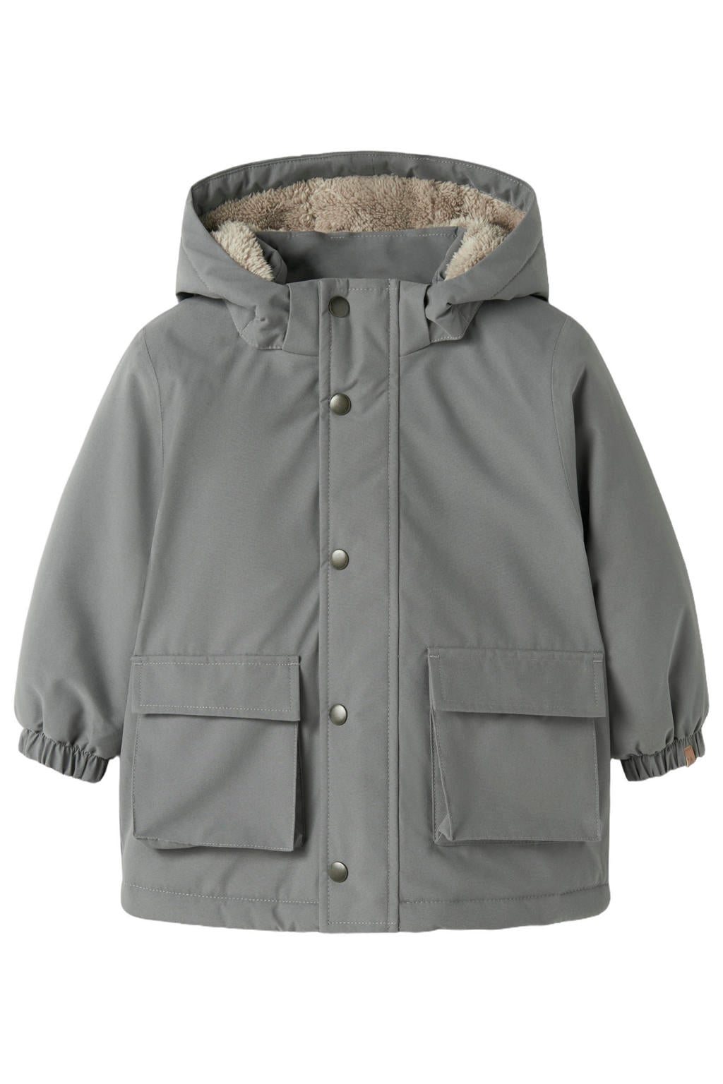 Grijze jongens LIL' ATELIER MINI parka van polyester met effen, lange mouwen, capuchon en drukknoopsluiting