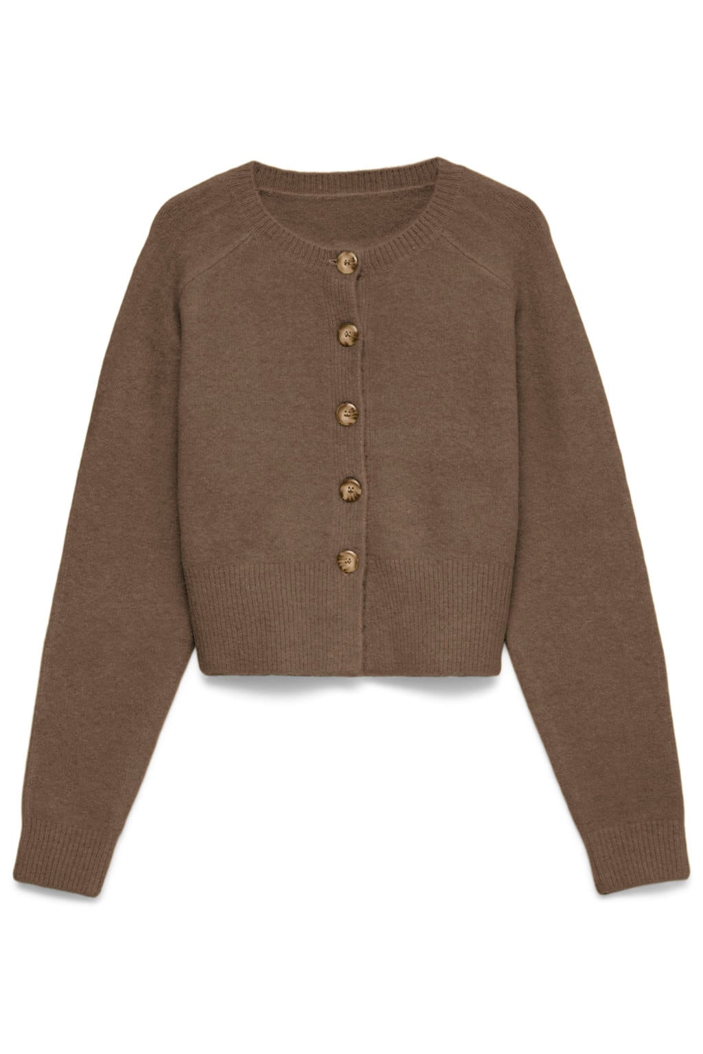 Bruine dames VERO MODA gebreid vest van acryl met effen, lange mouwen, ronde hals en knoopsluiting
