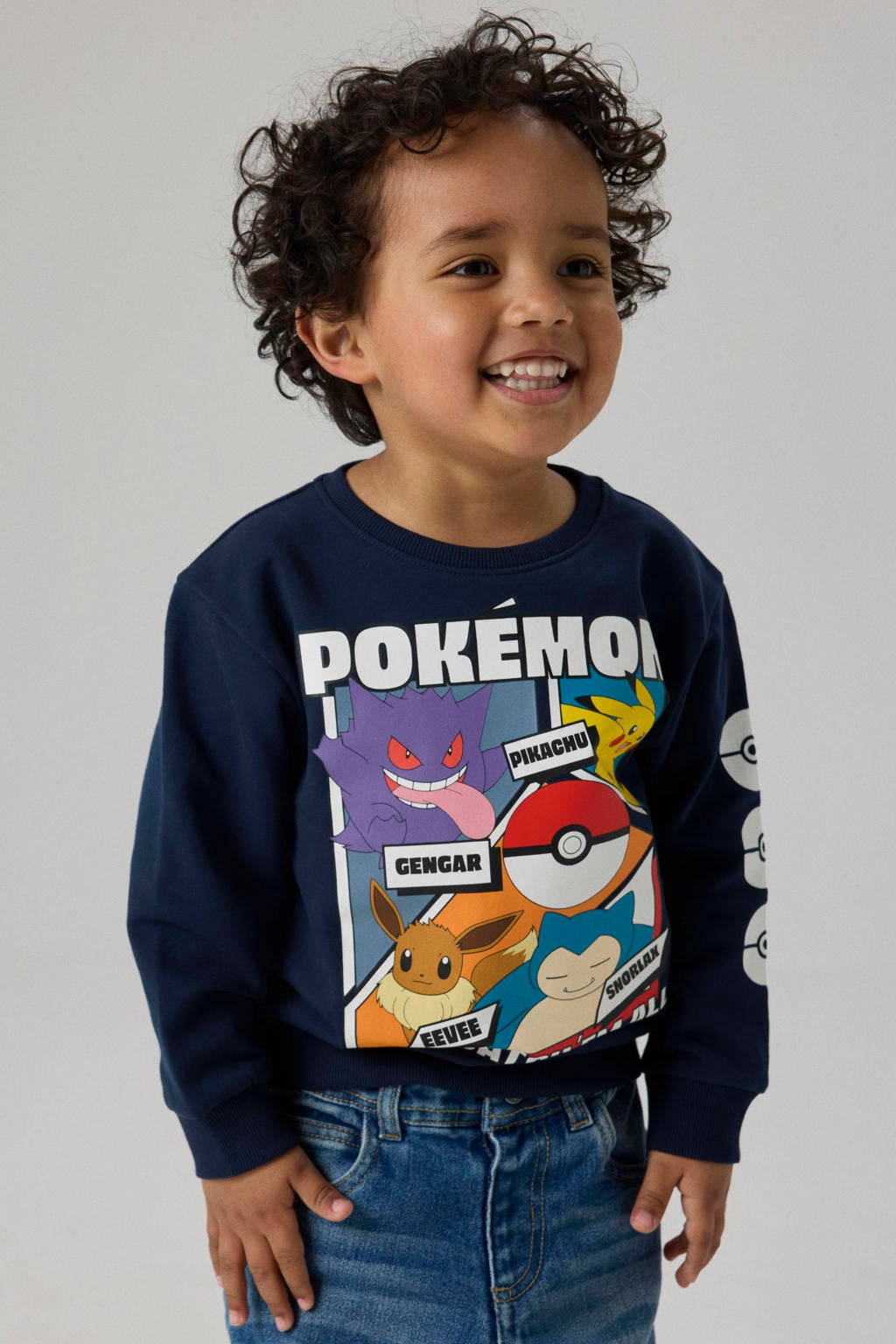 Donkerblauwe jongens NAME IT MINI Pokemon sweater met printopdruk, lange mouwen, ronde hals en geribde boorden
