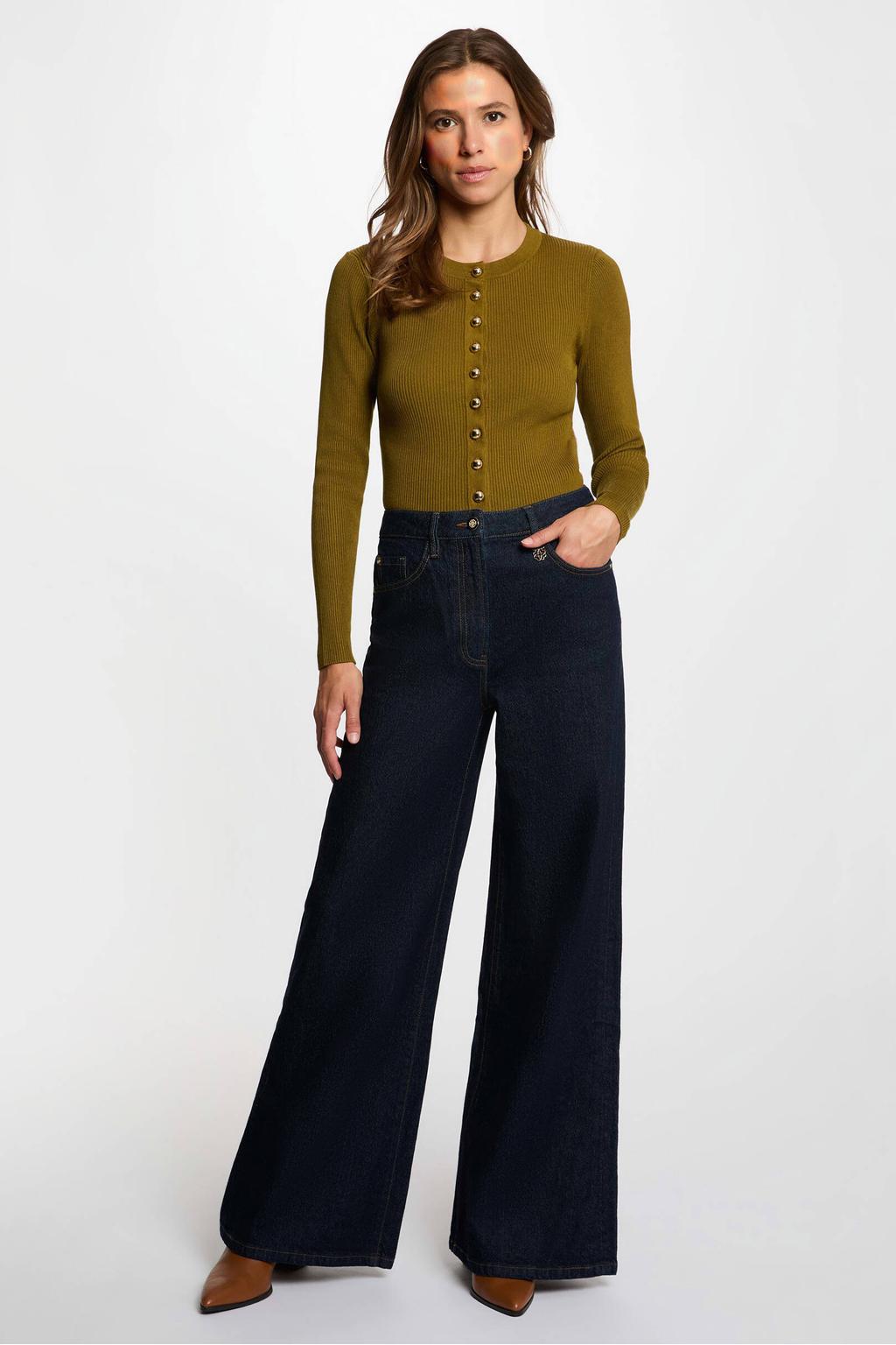 Olijfgroene dames Morgan gebreid vest van viscose met effen, lange mouwen, ronde hals en knoopsluiting