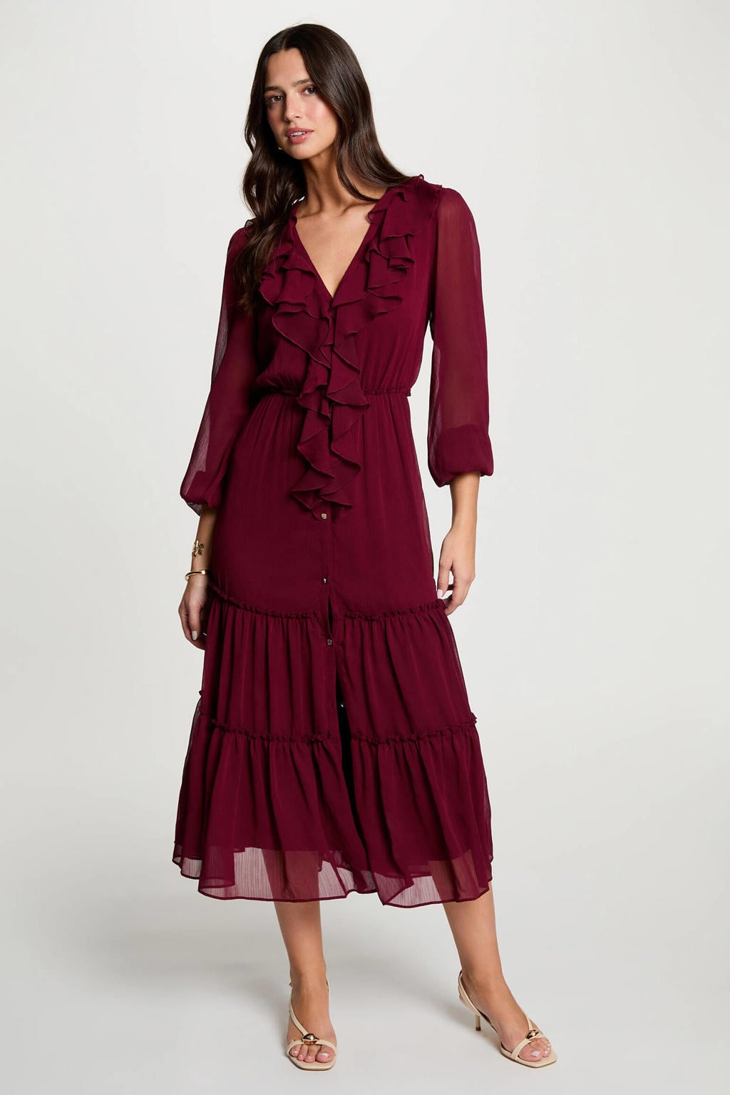 Donkerrode dames Morgan semi-transparante midi jurk van polyester met effen, lange mouwen en ronde hals